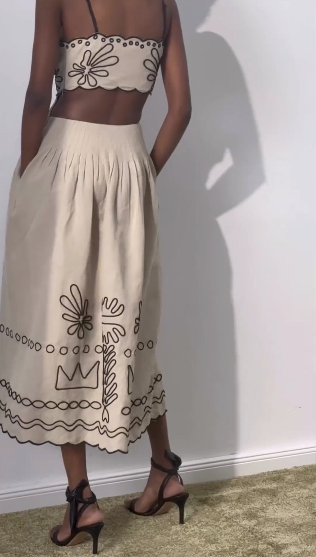 Floral Embroidered Pleated Linen Dress