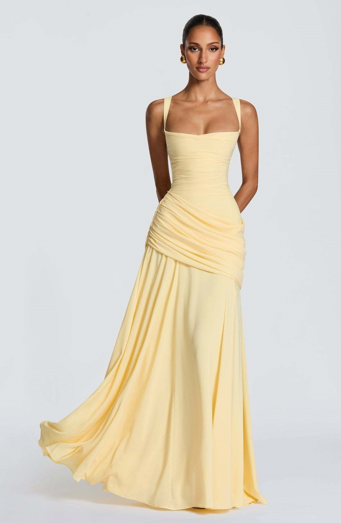Pastel Yellow Ruched Cross-Back Gown