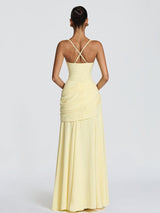 Pastel Yellow Ruched Cross-Back Gown