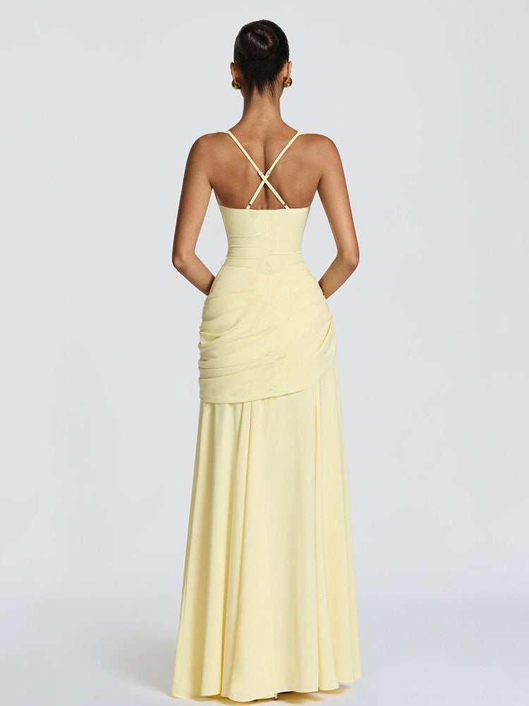 Pastel Yellow Ruched Cross-Back Gown