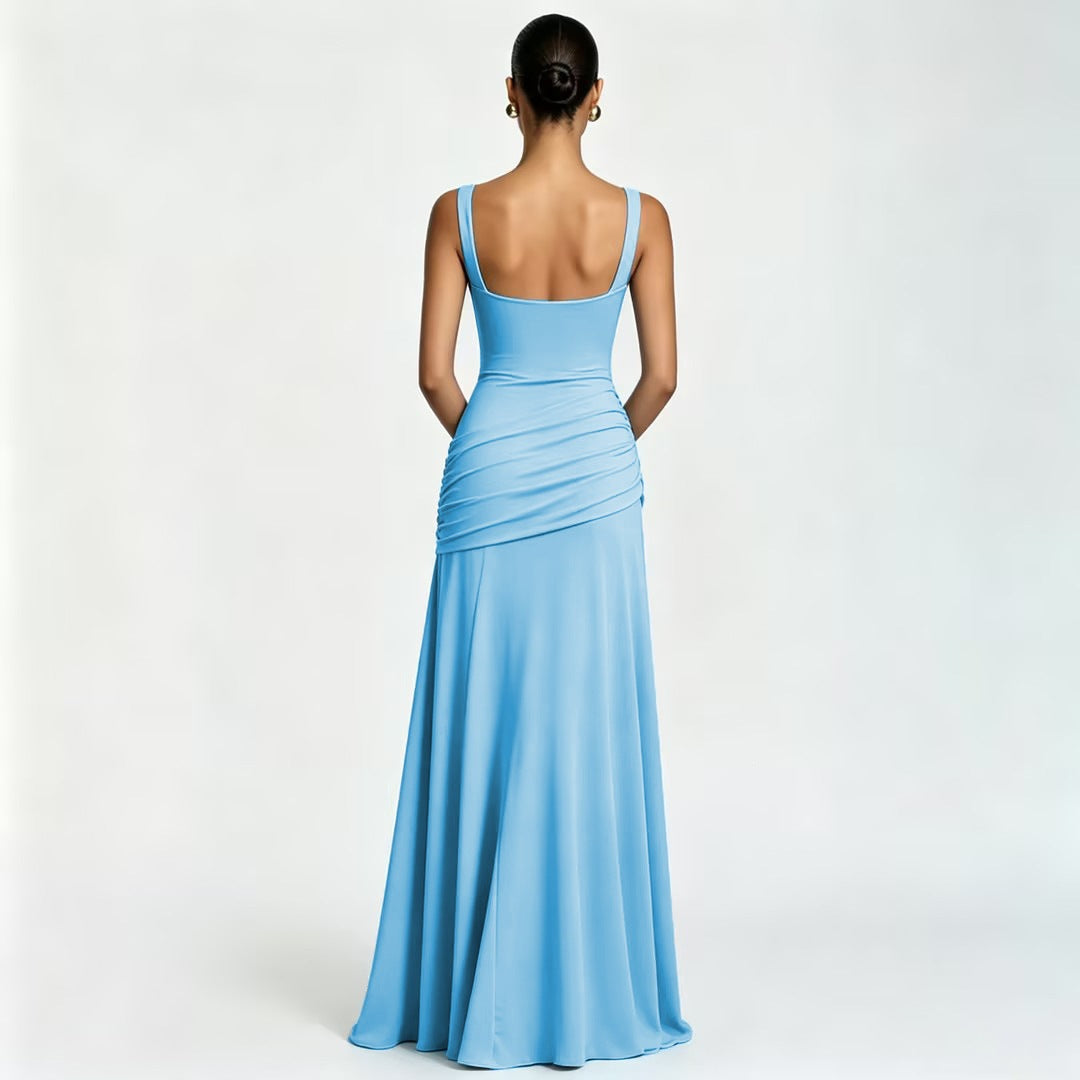 Pastel Yellow Ruched Cross-Back Gown