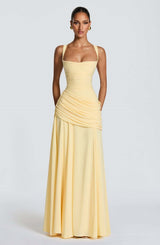 Pastel Yellow Ruched Cross-Back Gown