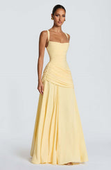 Pastel Yellow Ruched Cross-Back Gown