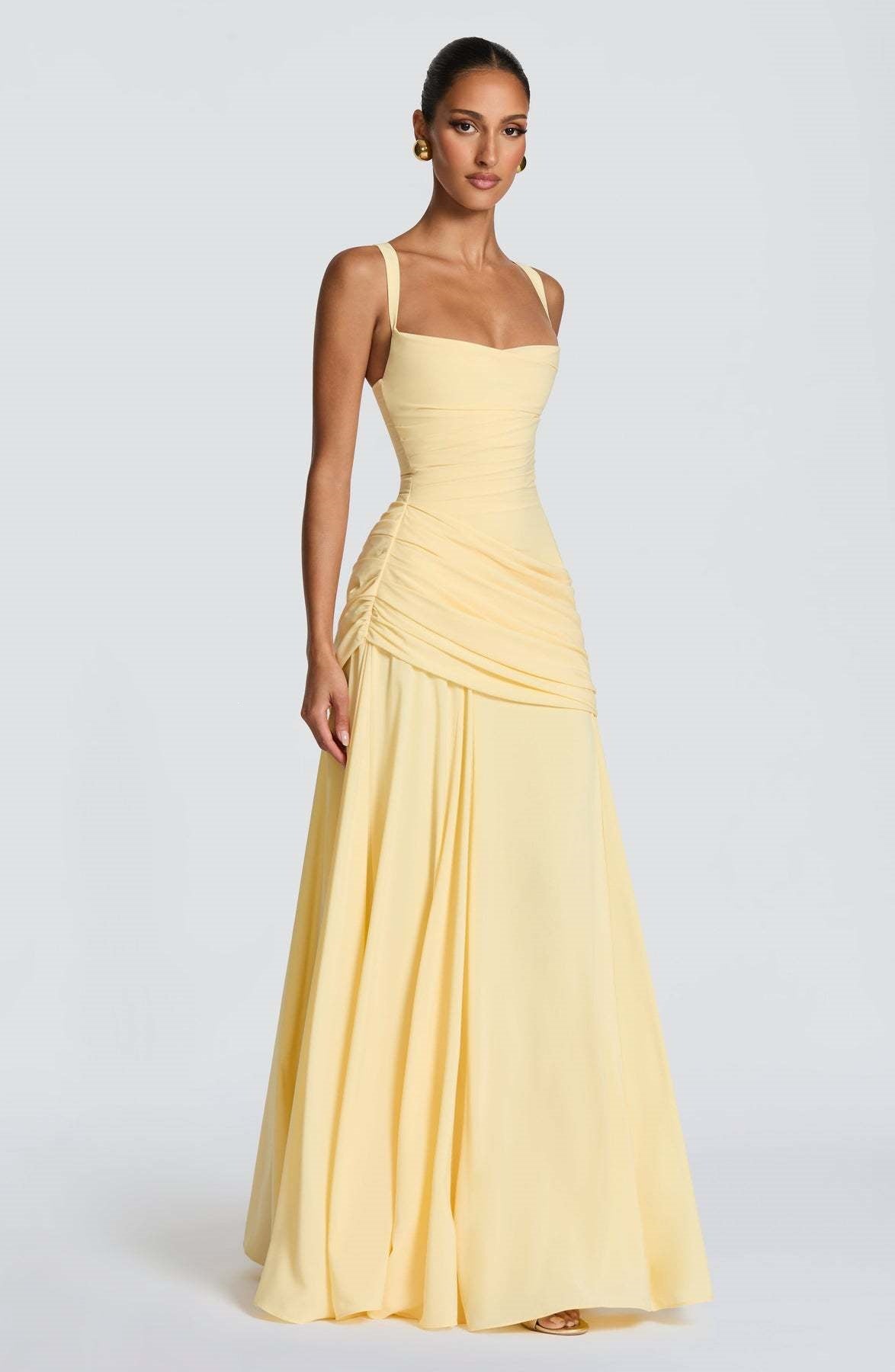 Pastel Yellow Ruched Cross-Back Gown