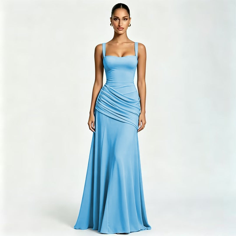 Pastel Yellow Ruched Cross-Back Gown