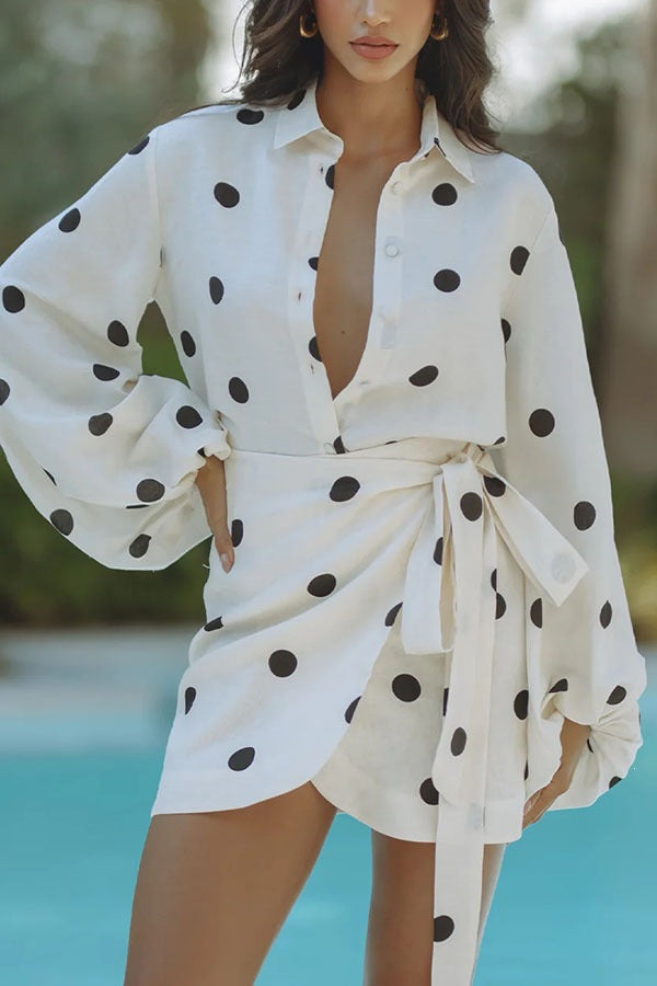 Polka Dot Balloon-Sleeve Wrap Mini Dress