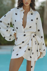 Polka Dot Balloon-Sleeve Wrap Mini Dress