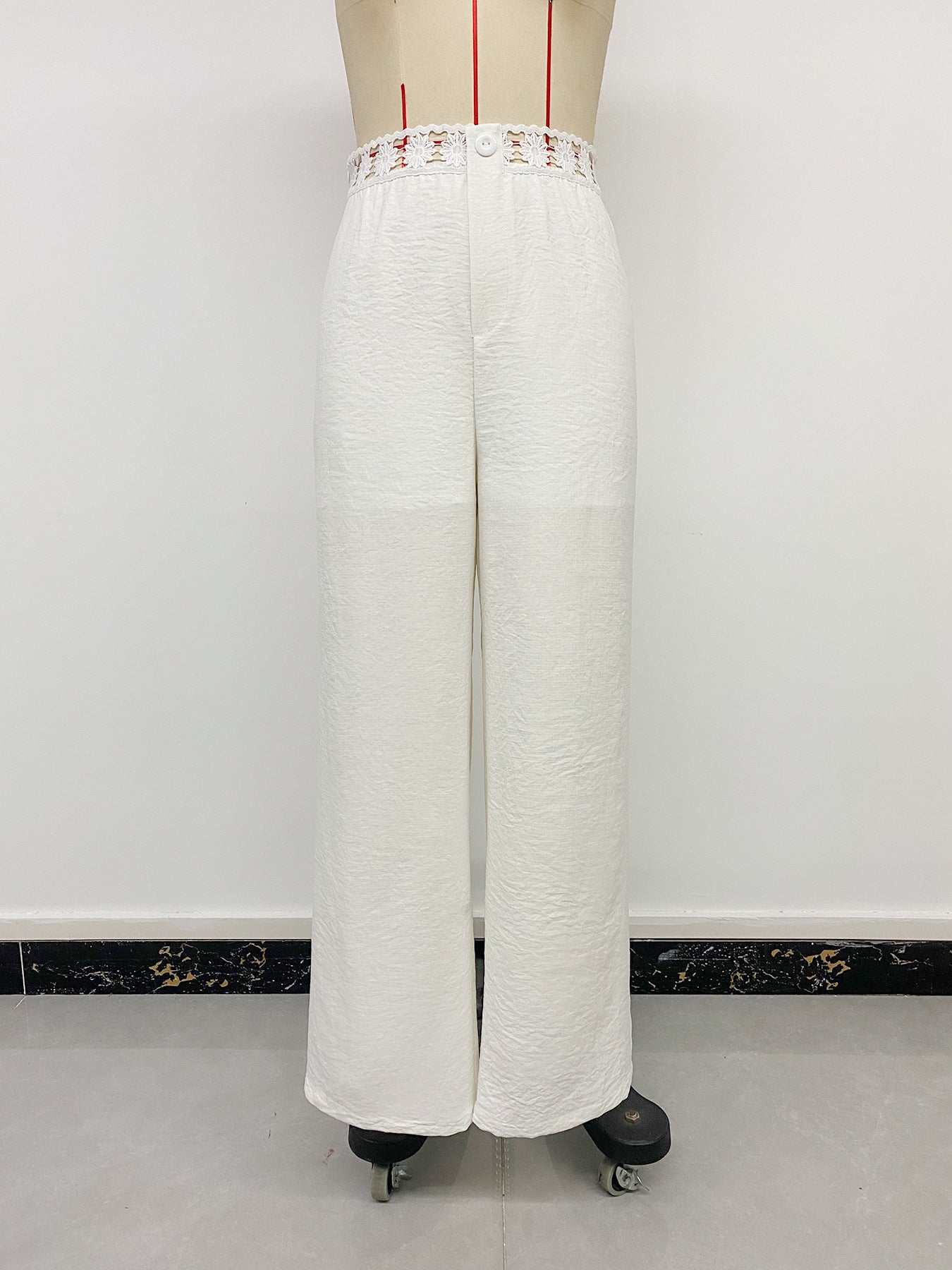 Crochet-Trim High-Waisted Wide-Leg Pants