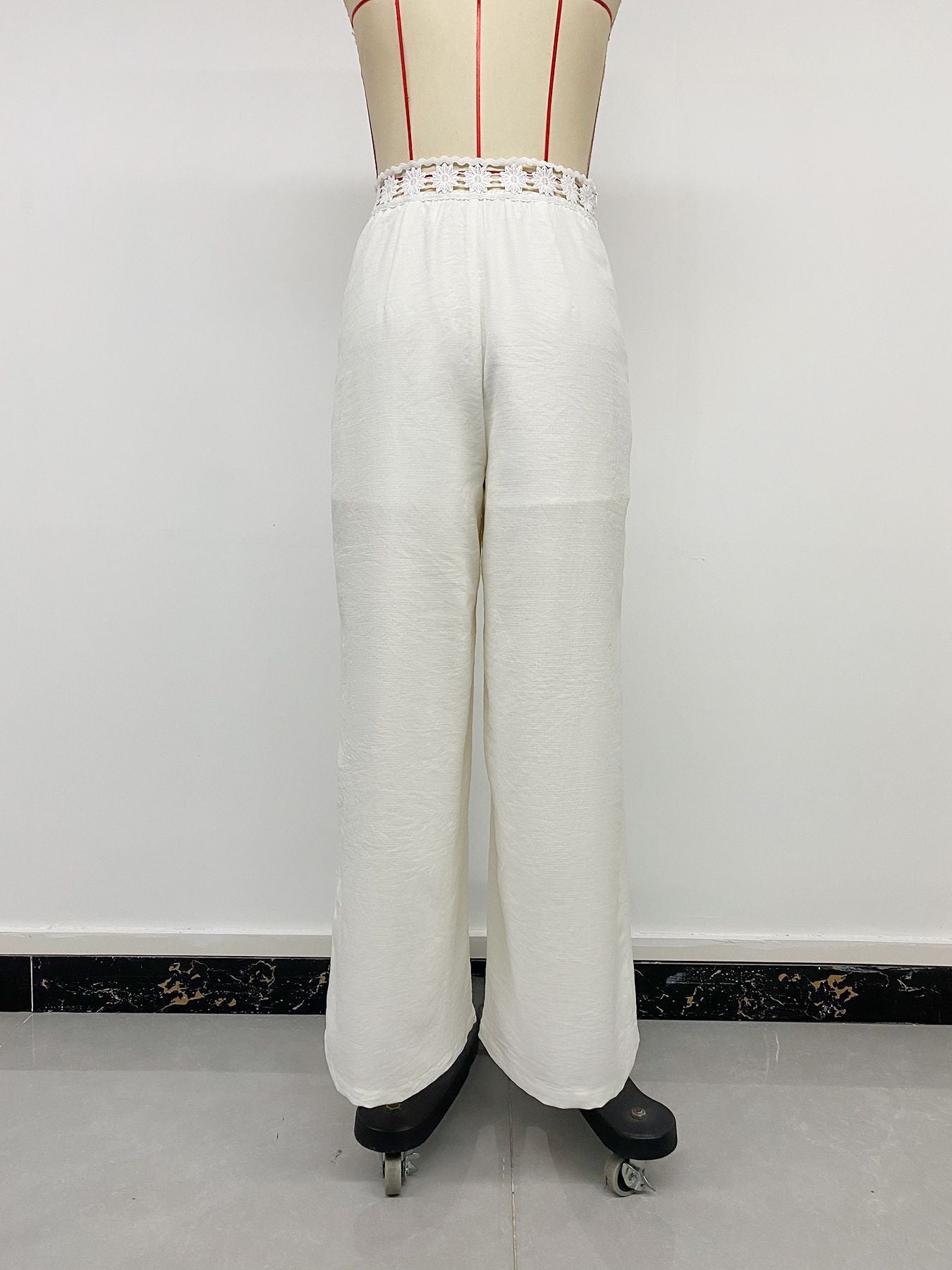 Crochet-Trim High-Waisted Wide-Leg Pants