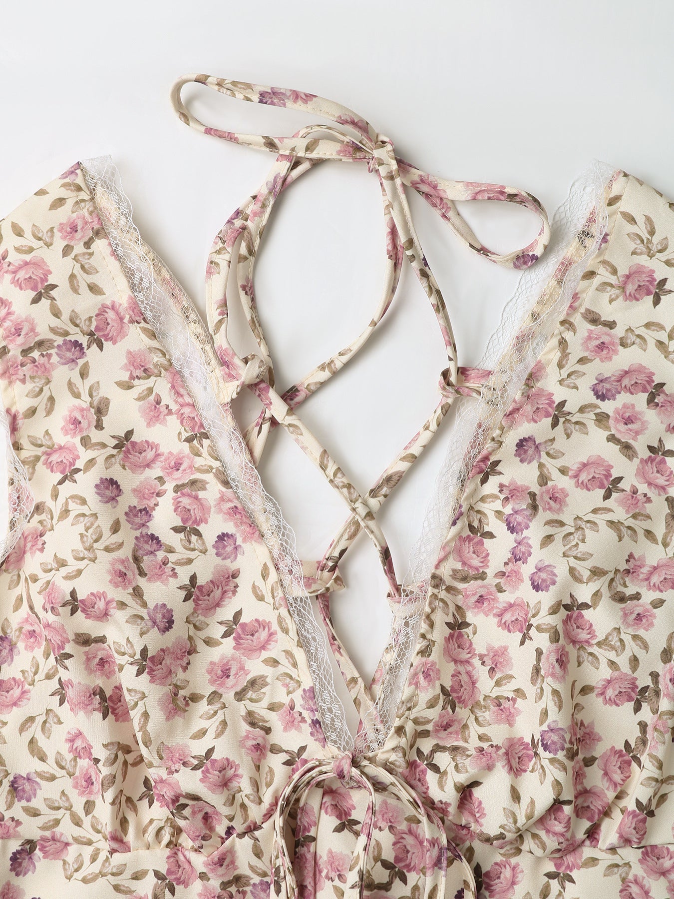 Floral Lace-Trim Tie-Front Mini Dress