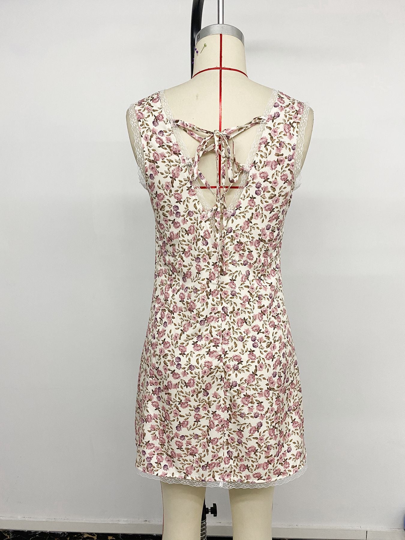 Floral Lace-Trim Tie-Front Mini Dress