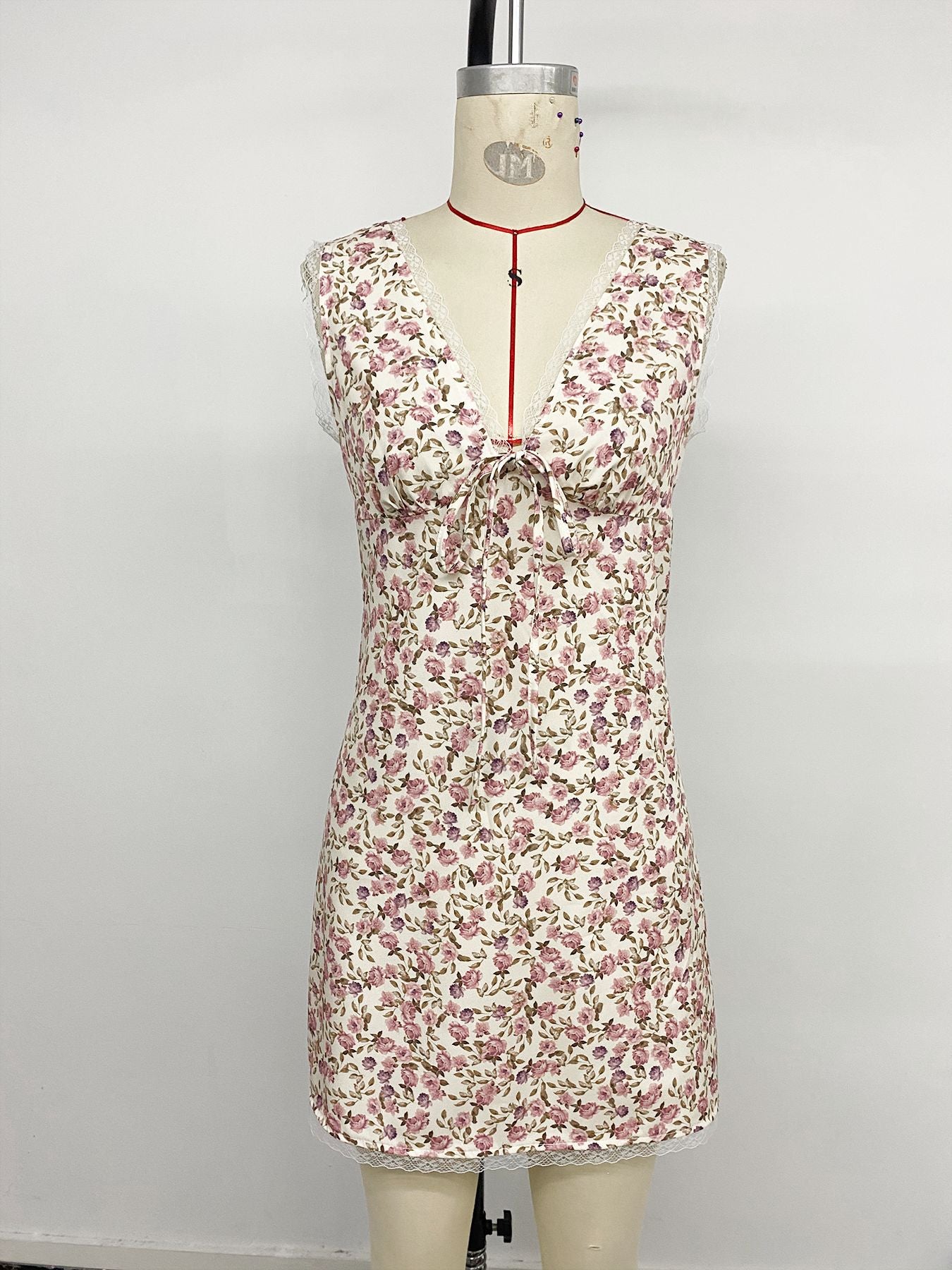 Floral Lace-Trim Tie-Front Mini Dress