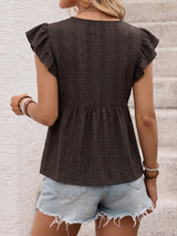 Boho Eyelet Lace V-Neck Ruffle Blouse