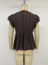 Boho Eyelet Lace V-Neck Ruffle Blouse