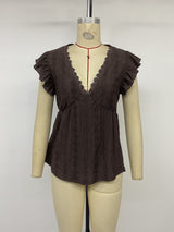 Boho Eyelet Lace V-Neck Ruffle Blouse
