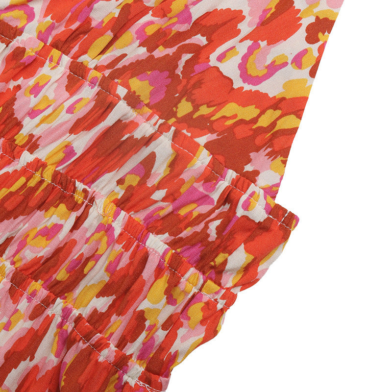 Abstract Warm-Tone Smocked Maxi Dress