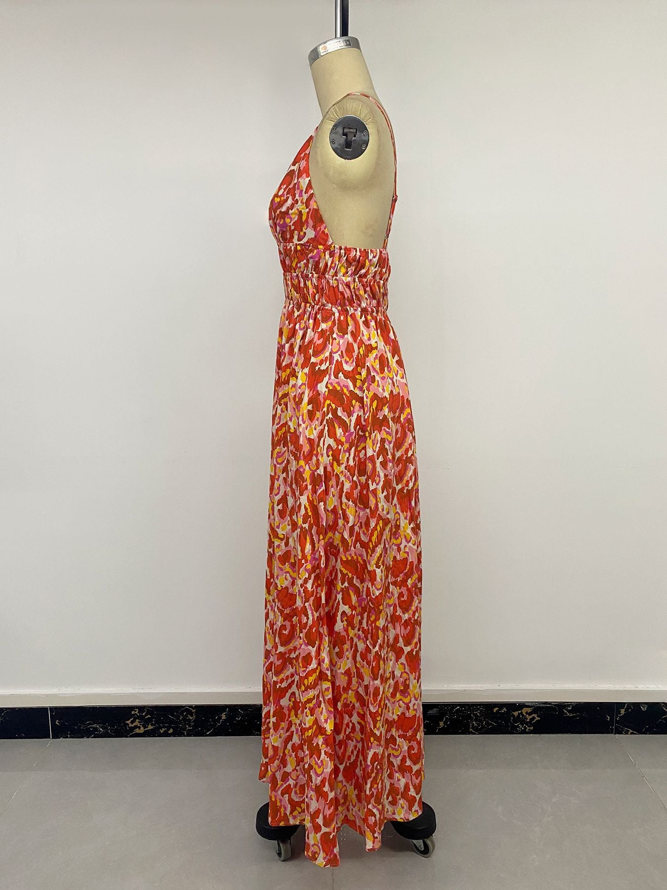 Abstract Warm-Tone Smocked Maxi Dress