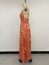 Abstract Warm-Tone Smocked Maxi Dress