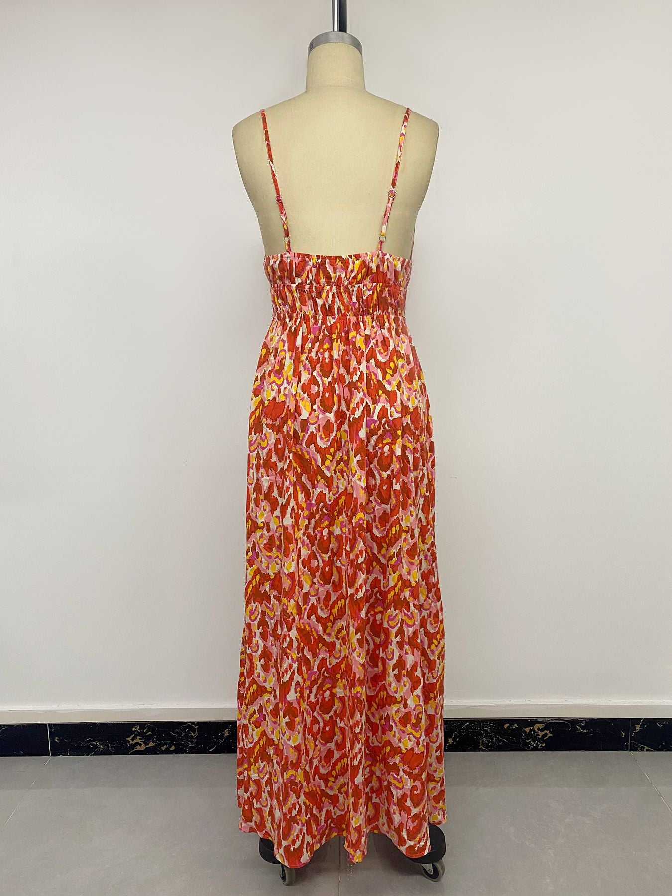 Abstract Warm-Tone Smocked Maxi Dress