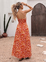 Abstract Warm-Tone Smocked Maxi Dress