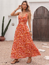 Abstract Warm-Tone Smocked Maxi Dress