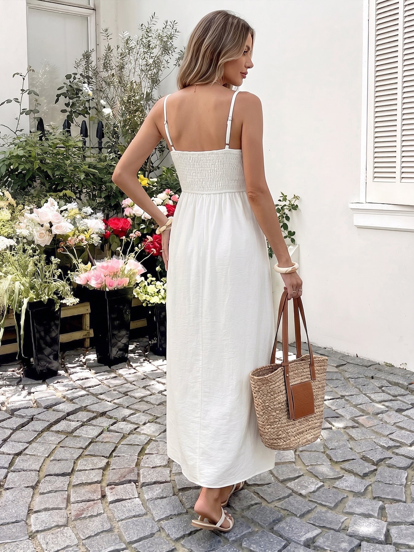 Crochet Lace-Bodice Smocked Maxi Dress