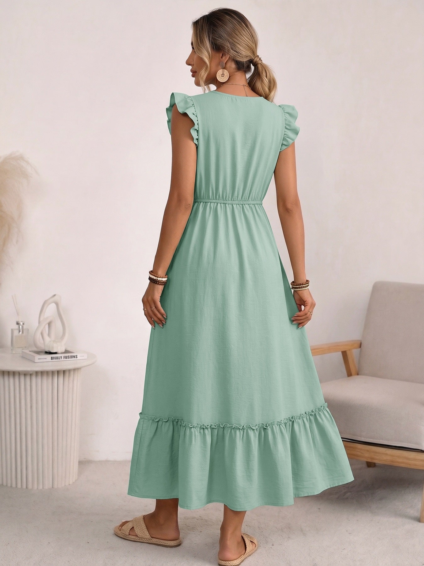 Embroidered Flutter-Sleeve Sage Maxi Dress