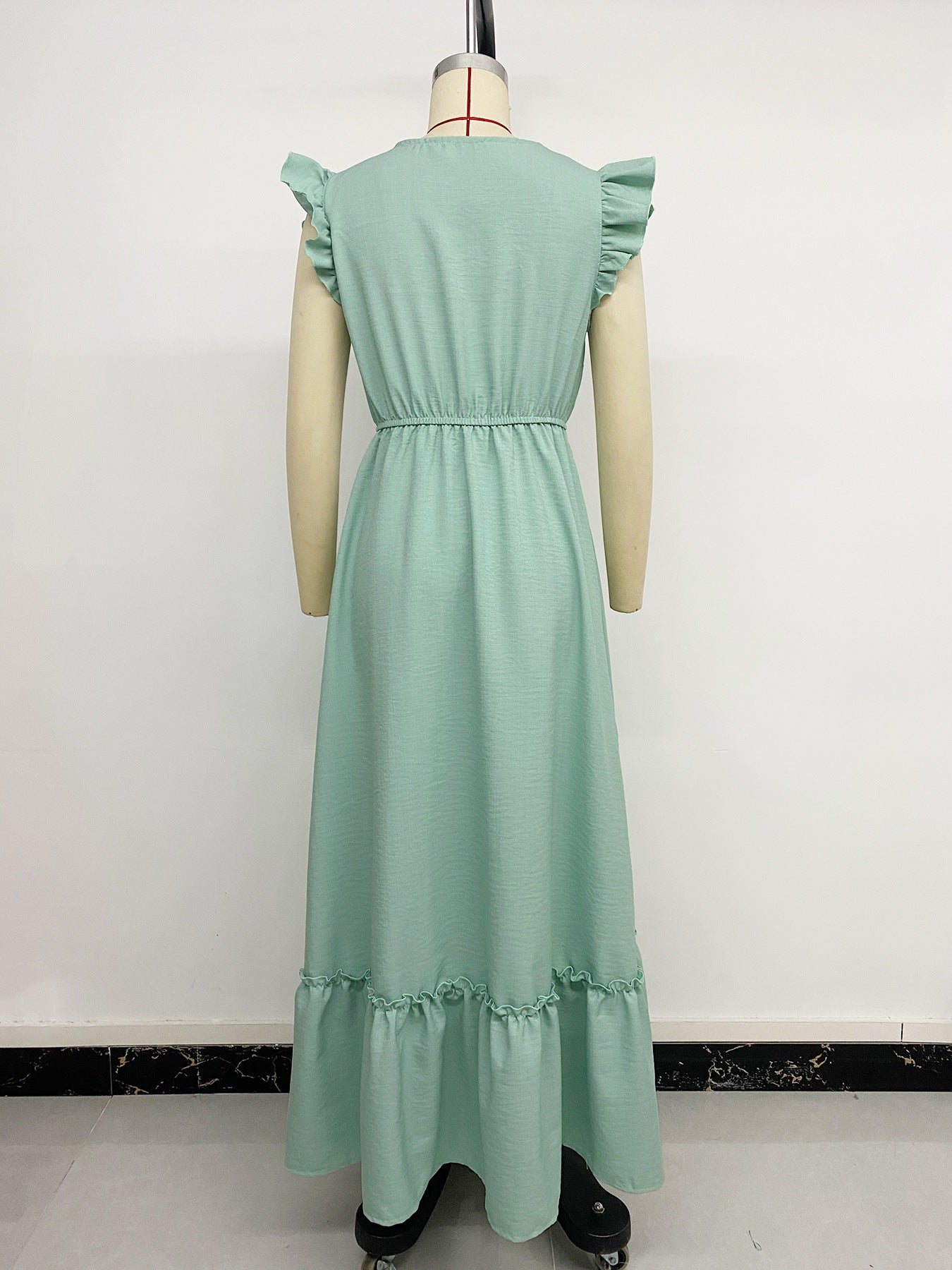 Embroidered Flutter-Sleeve Sage Maxi Dress