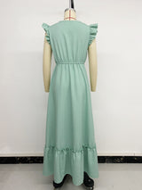 Embroidered Flutter-Sleeve Sage Maxi Dress