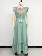 Embroidered Flutter-Sleeve Sage Maxi Dress