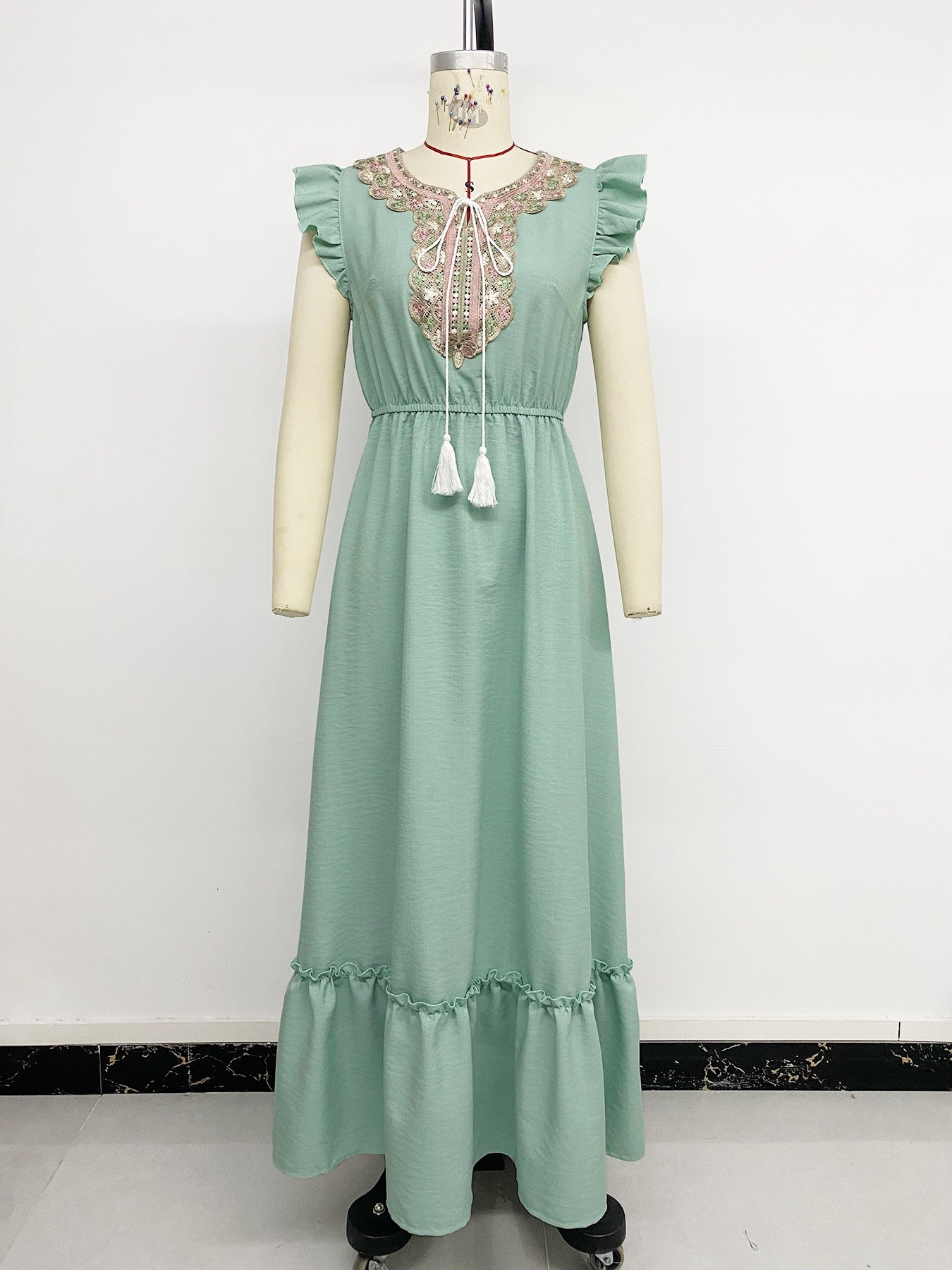 Embroidered Flutter-Sleeve Sage Maxi Dress