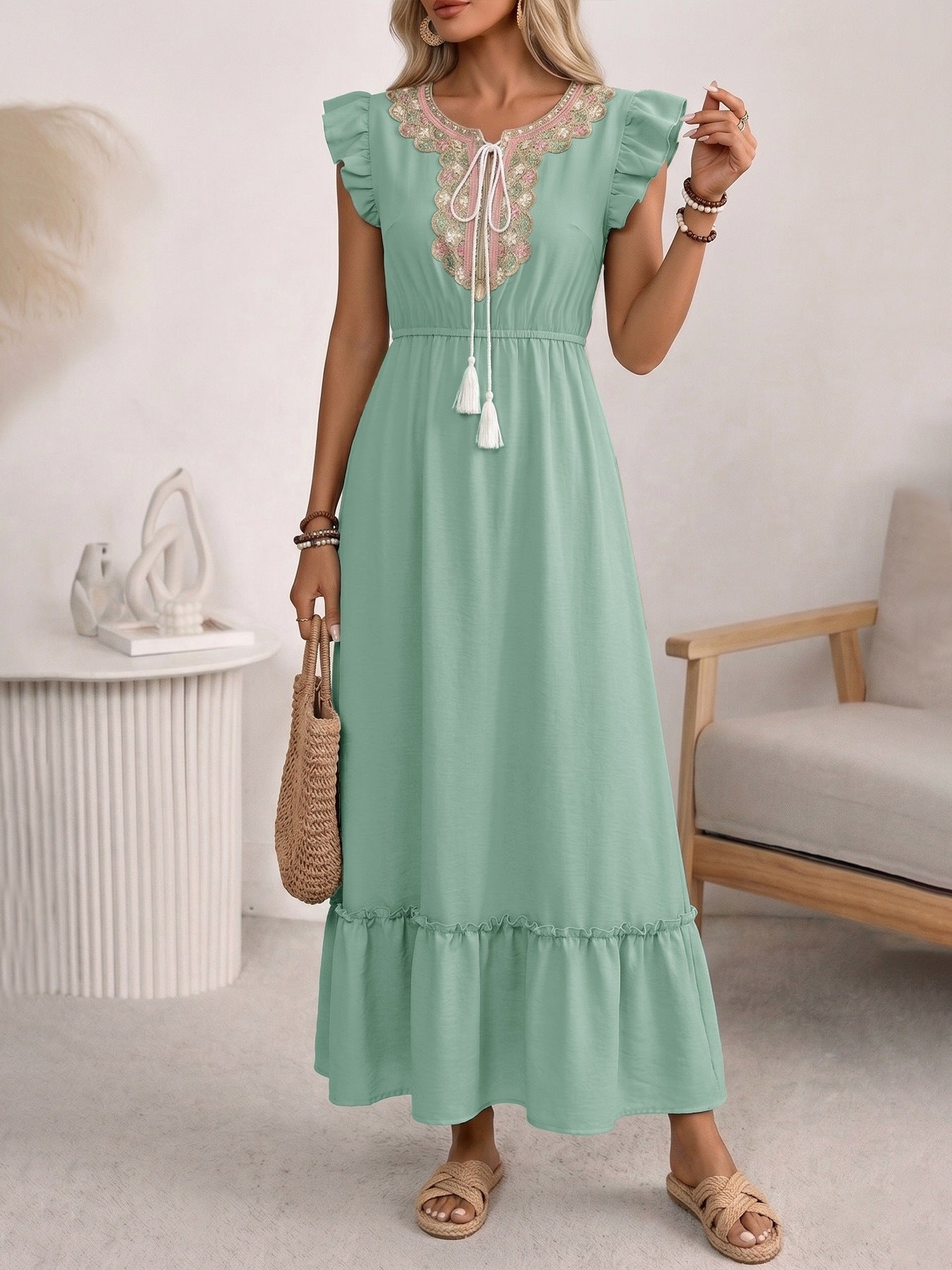 Embroidered Flutter-Sleeve Sage Maxi Dress