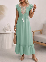 Embroidered Flutter-Sleeve Sage Maxi Dress