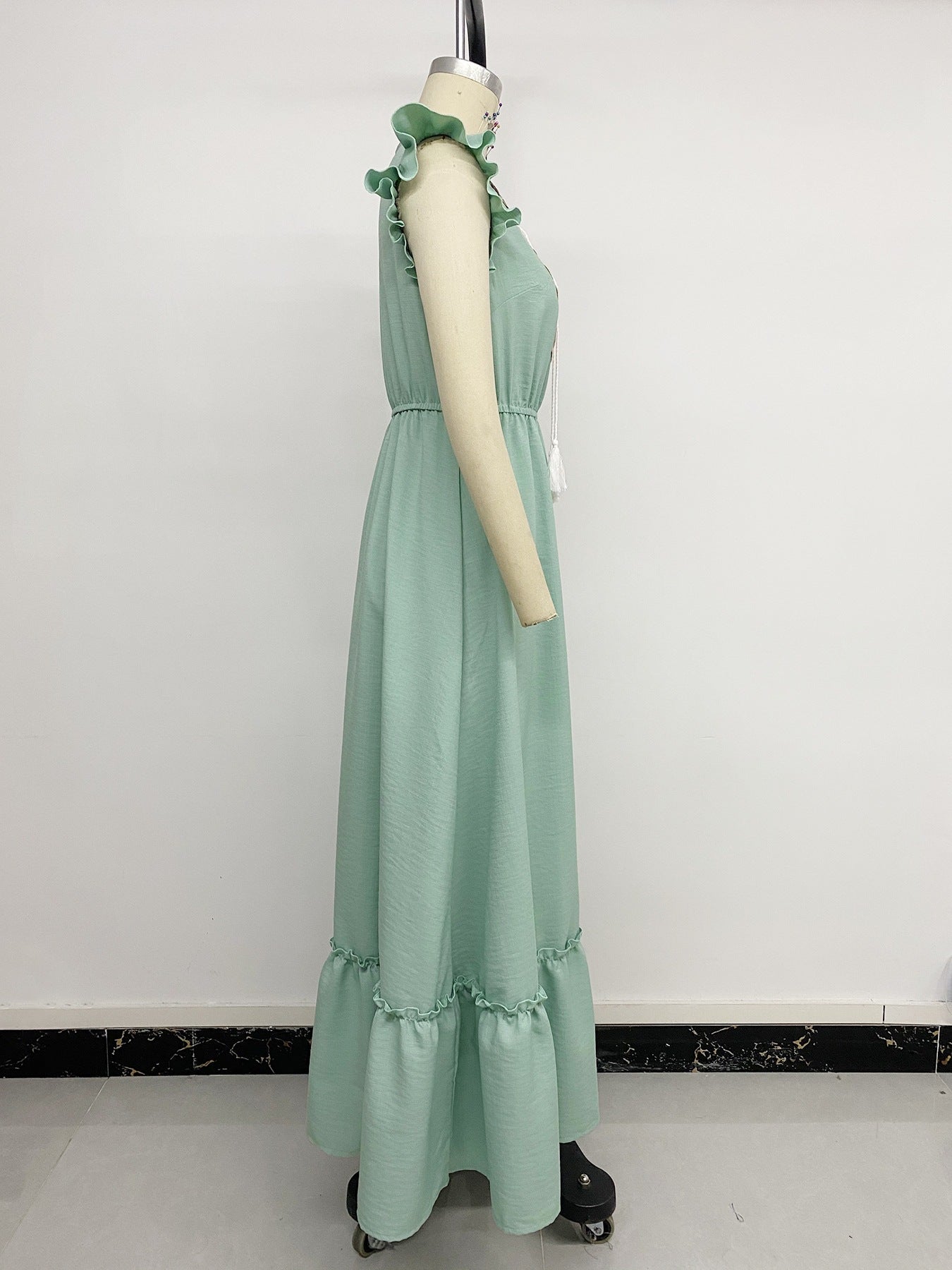 Embroidered Flutter-Sleeve Sage Maxi Dress
