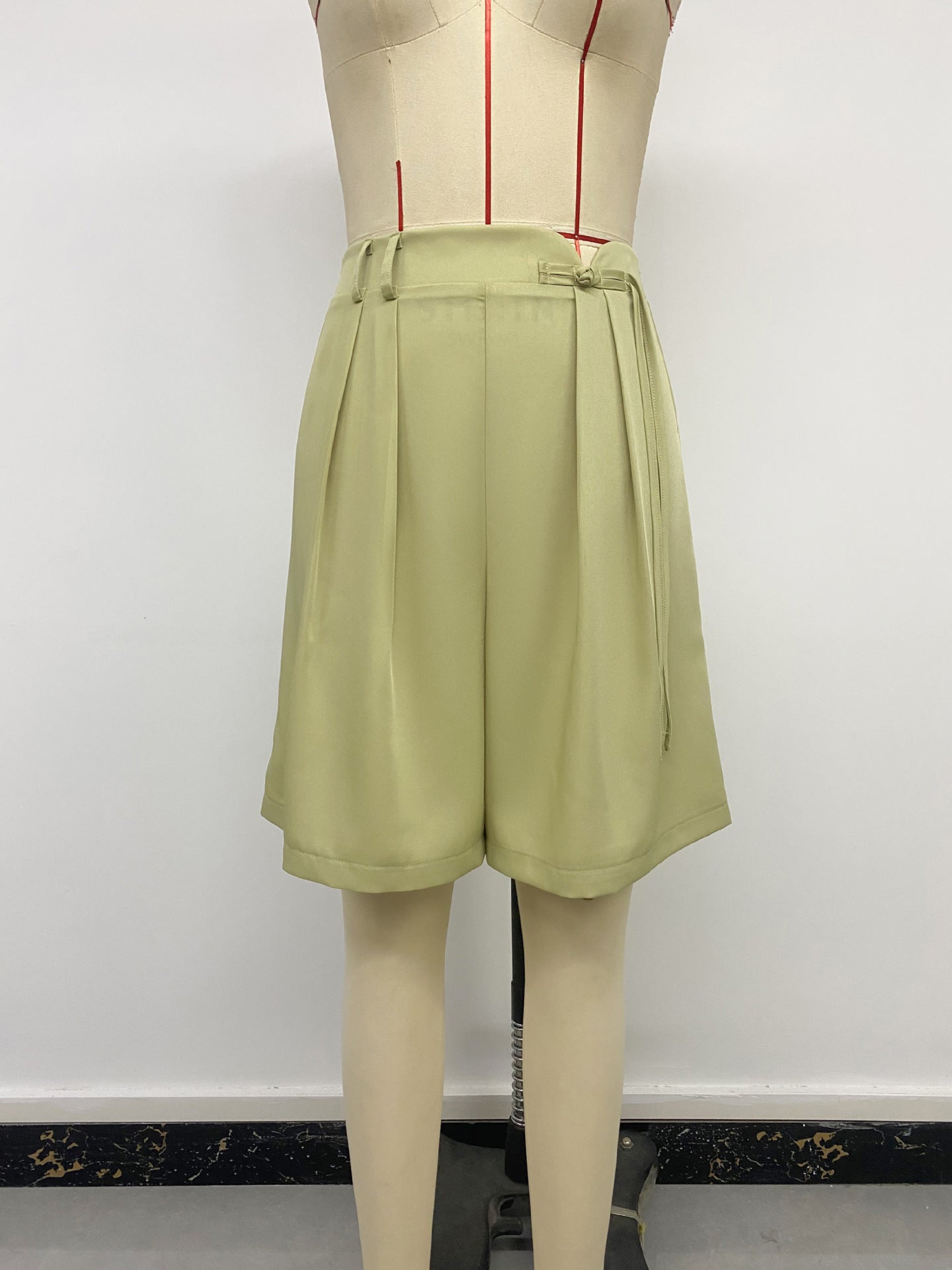 Pleated High-Waisted Tie-Belt Shorts