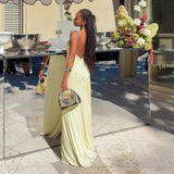 Ruched Halter Tie-Waist Yellow Maxi Dress