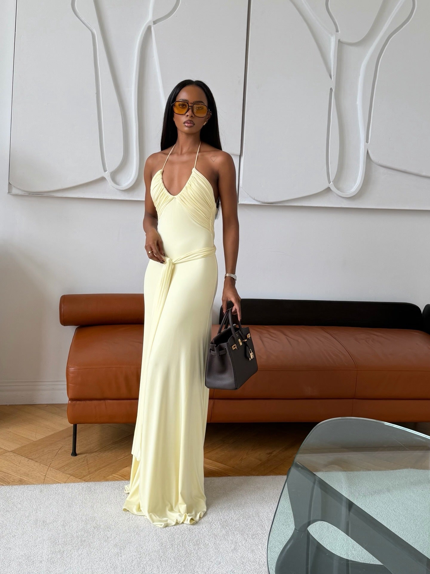 Ruched Halter Tie-Waist Yellow Maxi Dress
