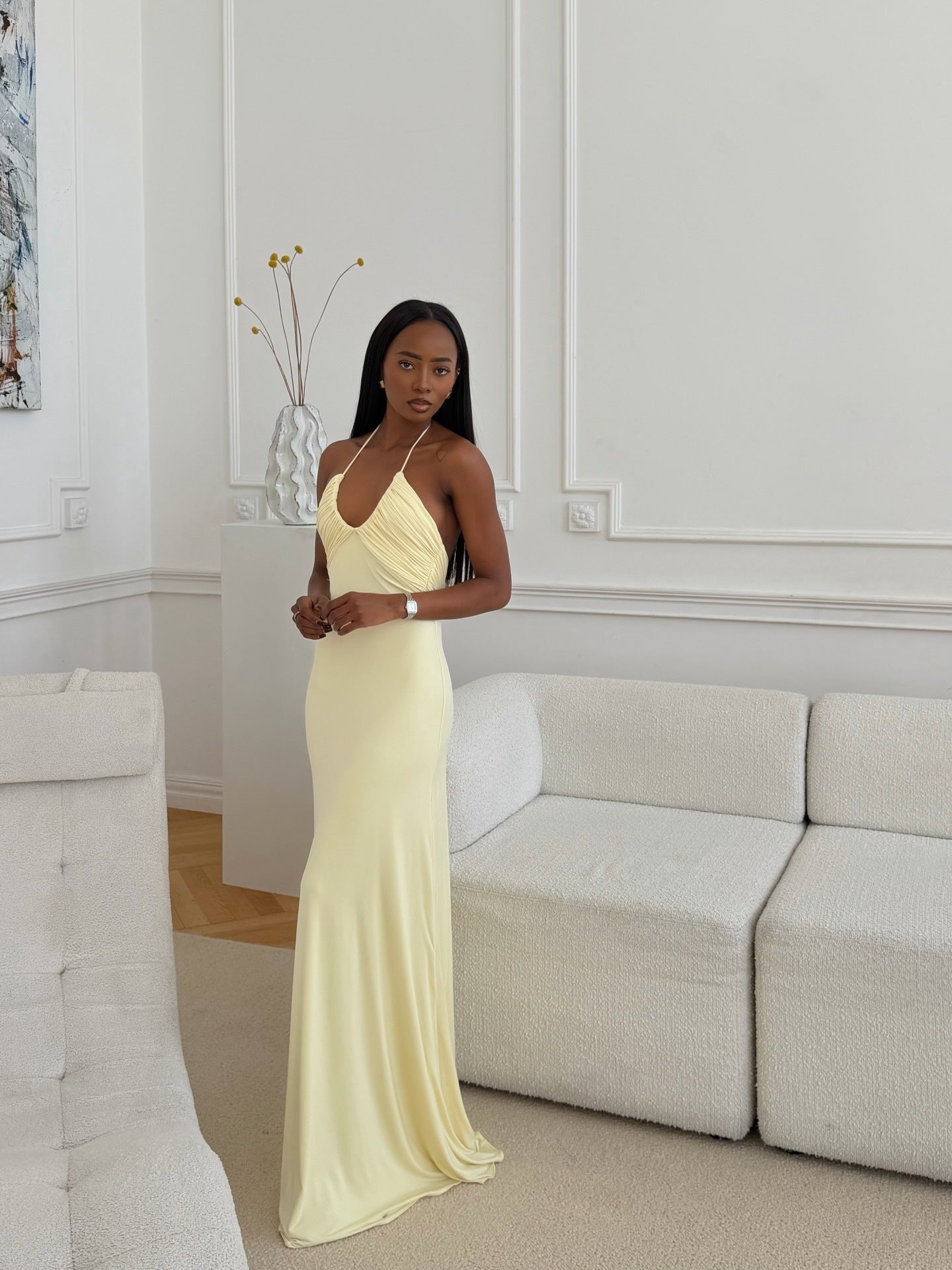 Ruched Halter Tie-Waist Yellow Maxi Dress