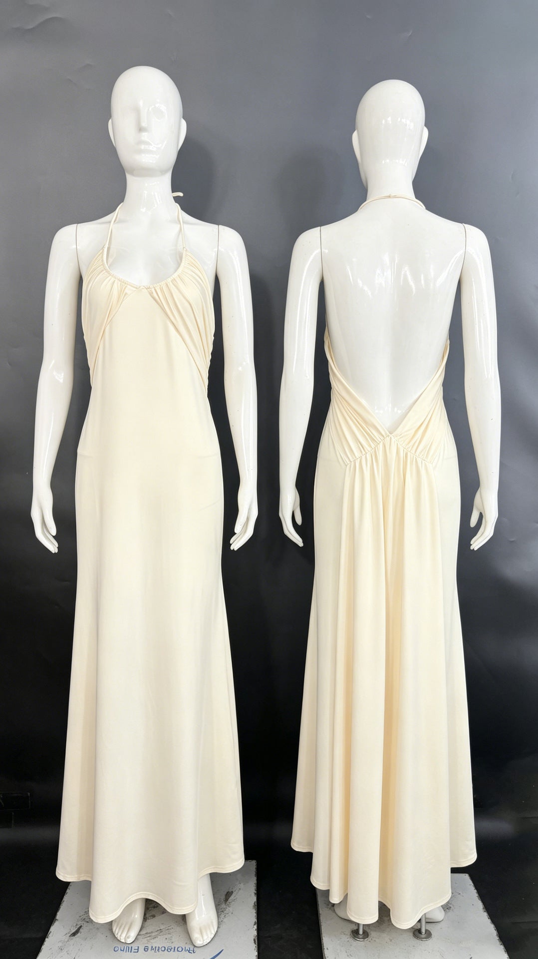 Ruched Halter Tie-Waist Yellow Maxi Dress