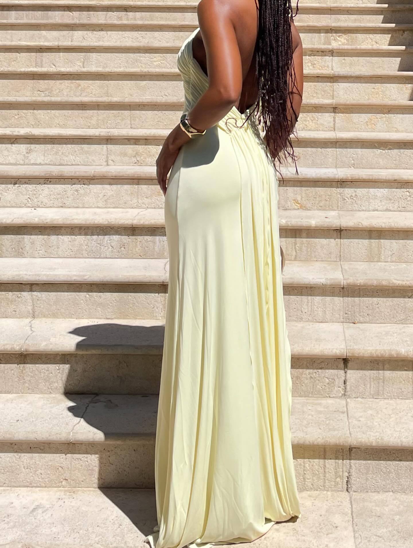 Ruched Halter Tie-Waist Yellow Maxi Dress