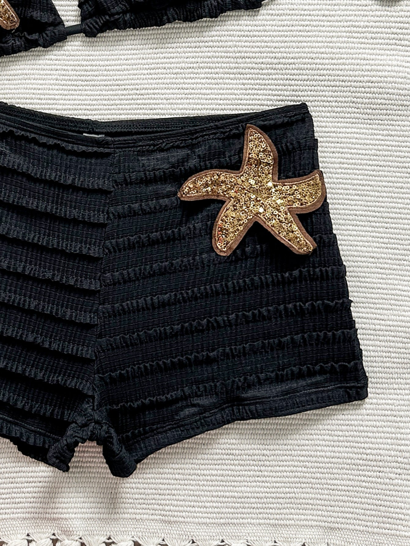 Smocked Ruched Black Bikini & Shorts Set
