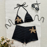 Smocked Ruched Black Bikini & Shorts Set