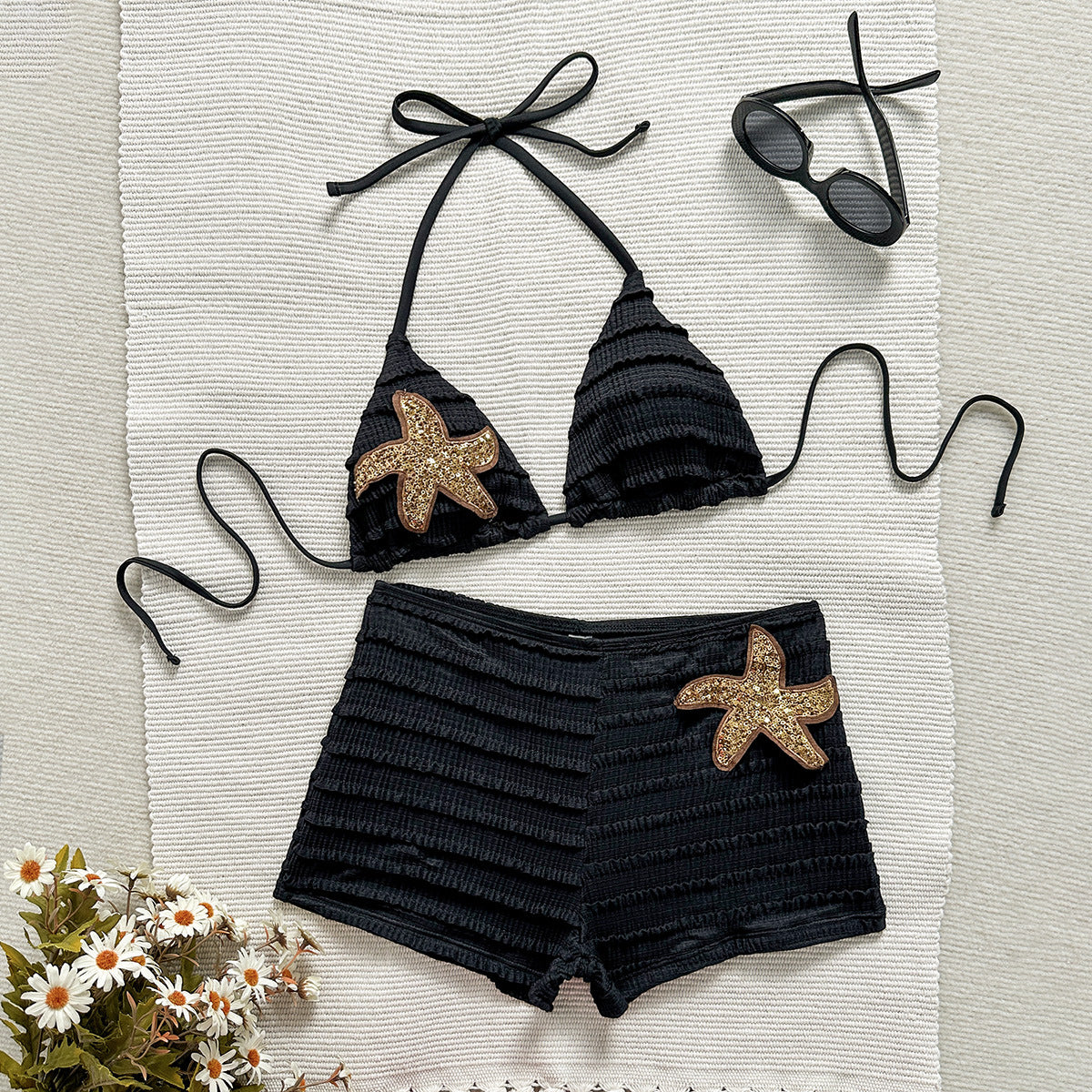 Smocked Ruched Black Bikini & Shorts Set