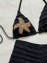 Smocked Ruched Black Bikini & Shorts Set