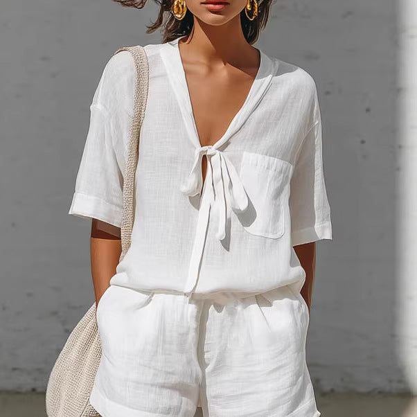 Light Blue Linen Tie-Front Short Set
