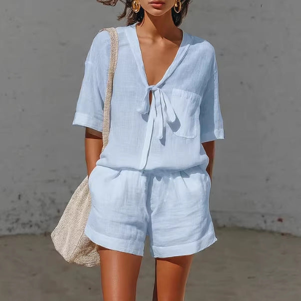 Light Blue Linen Tie-Front Short Set