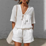 Light Blue Linen Tie-Front Short Set
