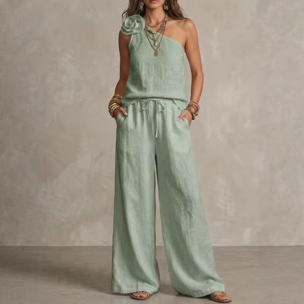 Sage Green One-Shoulder Linen Lounge Set