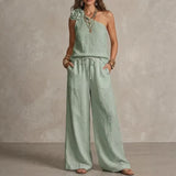 Sage Green One-Shoulder Linen Lounge Set