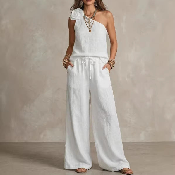 Sage Green One-Shoulder Linen Lounge Set